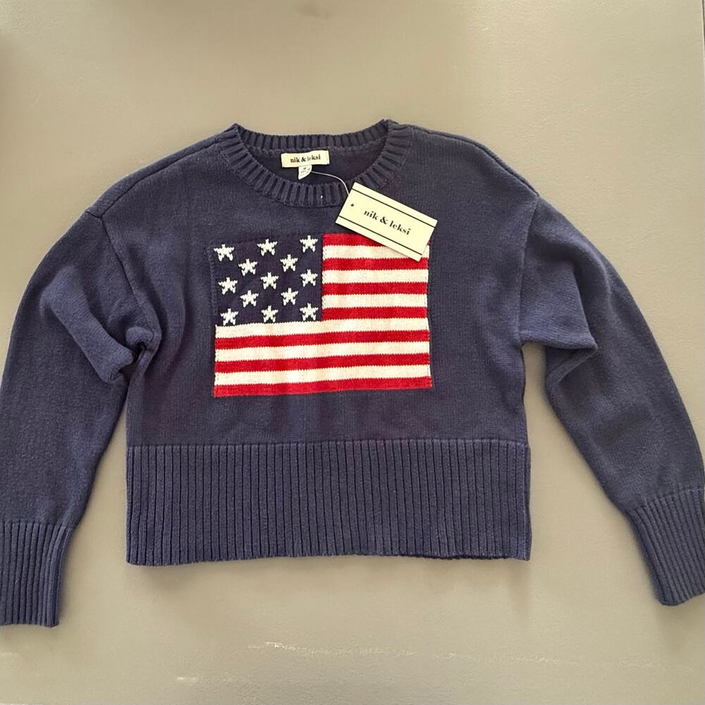 NWT Nik & Leksi Girls American Flag Knit Pullover Sweater Size M